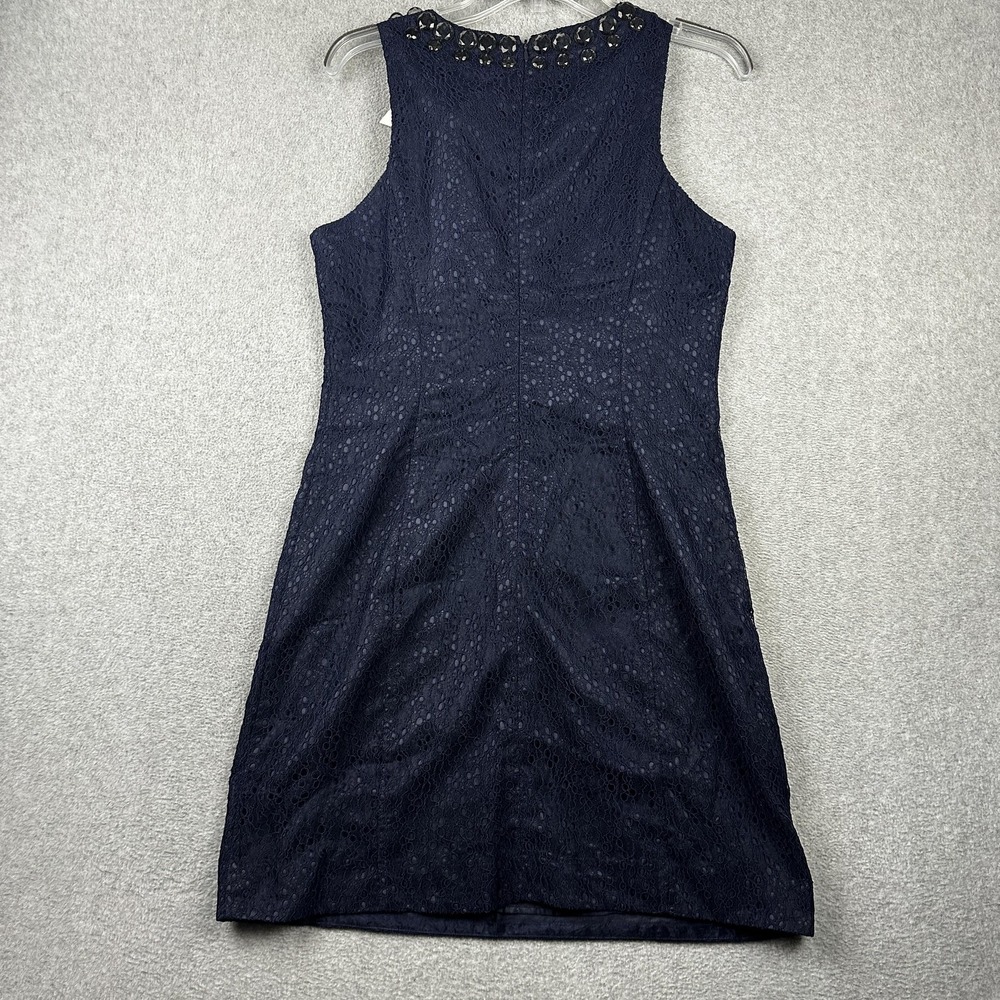 Trina Turk Dress Womens 8 Navy Blue Sleeveless Beaded Neck Lace Cocktail Party - Picture 9 of 11